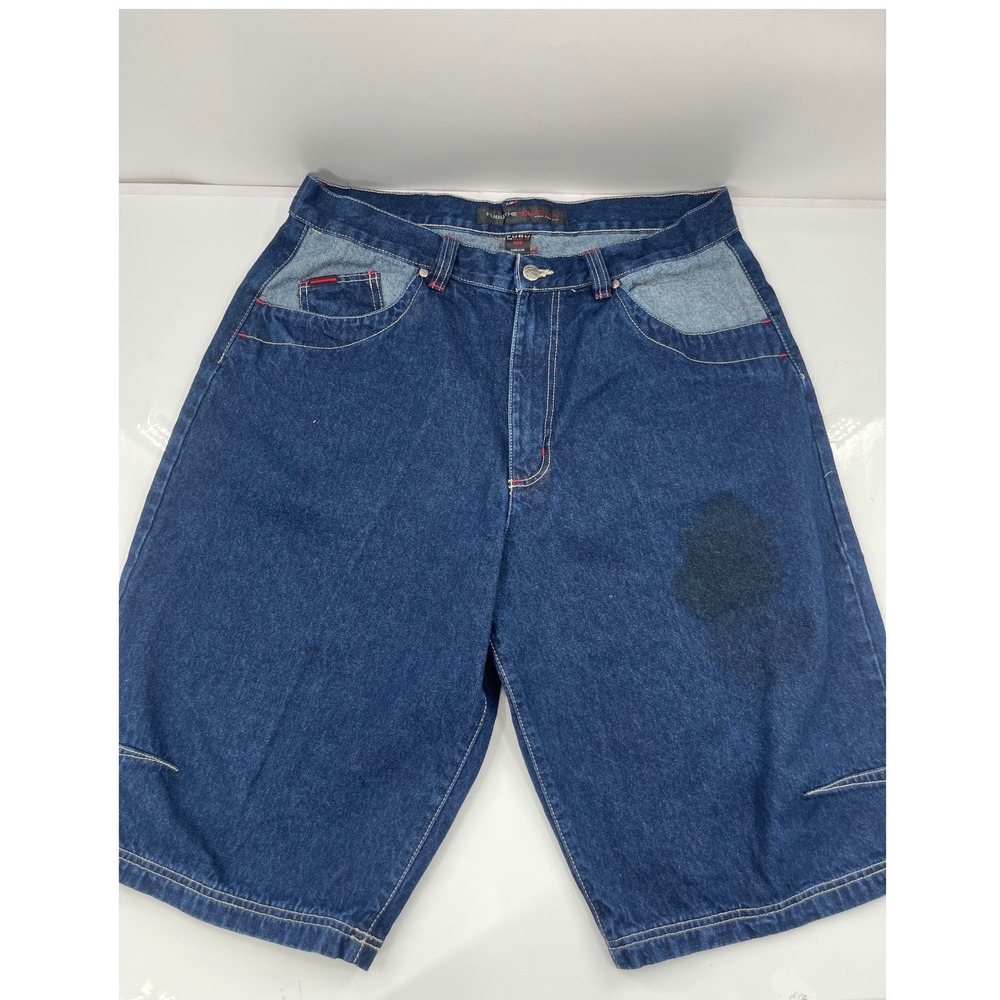 Vintage FUBU The Collection Baggy Denim Shorts Blue Red Stitching Mens 36 HipHop